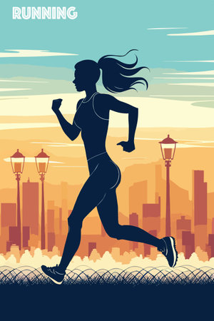 Young woman jogging. Active healthy lifestyle concept, running, city competition, marathons, cardio workout, outdoor exercise. Vector illustrations for flyer, leaflet, advertising bannerのイラスト素材