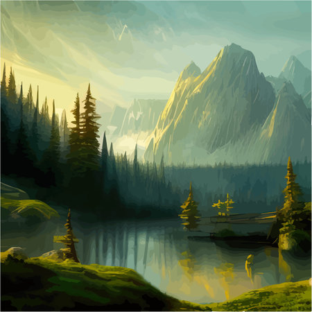 Fantasy epic magic mountain landscape. Summer nature. Mystical valley, with forest and river. Game assets. Stones and grass. Beautiful sky with clouds. Lakes and rivers, vector illustrationのイラスト素材