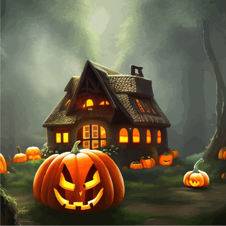 Close-up luminous Halloween pumpkin, named Jack-o-lantern, in forest for atmosphere and banner on this holiday, vector illustrationのイラスト素材