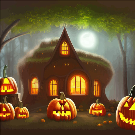 Close-up luminous Halloween pumpkin, named Jack-o-lantern, in forest for atmosphere and banner on this holiday, vector illustrationのイラスト素材