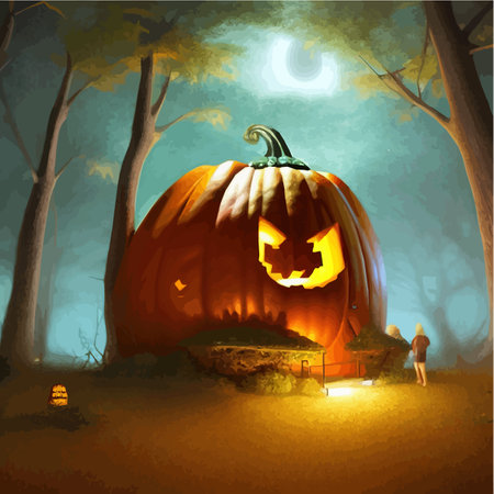 Close-up luminous Halloween pumpkin, named Jack-o-lantern, in forest for atmosphere and banner on this holiday, vector illustrationのイラスト素材