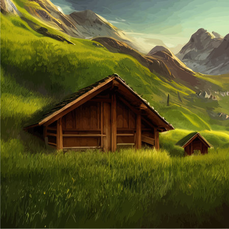 Summer landscape with mountains, village houses and trees against backdrop of mountains. Vector Cartoon illustration of Green Valley village scene with cottages on the foothills.のイラスト素材