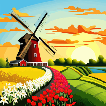 Landscape with tulips, traditional dutch windmills in Netherlands, Europe, against the sky with sunset clouds vector illustrationのイラスト素材