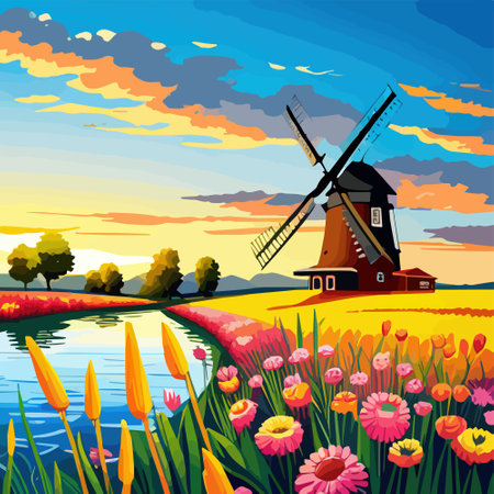 Landscape with tulips, traditional dutch windmills in Netherlands, Europe, against the sky with sunset clouds vector illustrationのイラスト素材