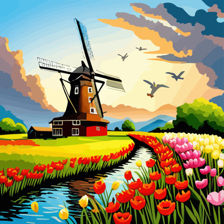 Landscape with tulips, traditional dutch windmills in Netherlands, Europe, against the sky with sunset clouds vector illustrationのイラスト素材