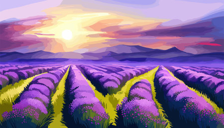 Simple natural horizontal background with blooming lavender field scenery. Serenity nature landscape with purple plants, mountains, floating clouds sky. Vector illustration.のイラスト素材