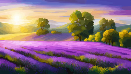 Simple natural horizontal background with blooming lavender field scenery. Serenity nature landscape with purple plants, mountains, floating clouds sky. Vector illustration.のイラスト素材