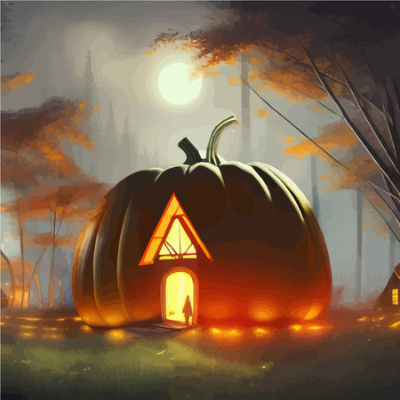 Close-up luminous Halloween pumpkin, named Jack-o-lantern, in forest for atmosphere and banner on this holiday, vector illustrationのイラスト素材