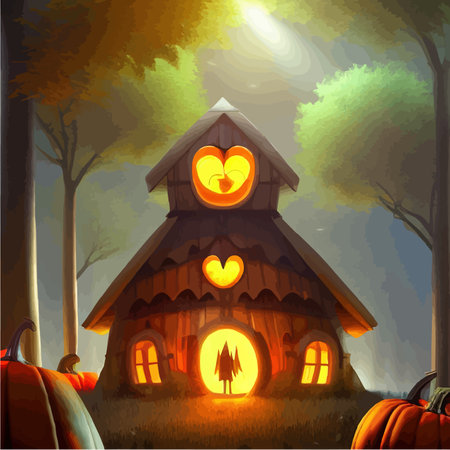 Close-up luminous Halloween pumpkin, named Jack-o-lantern, in forest for atmosphere and banner on this holiday, vector illustrationのイラスト素材