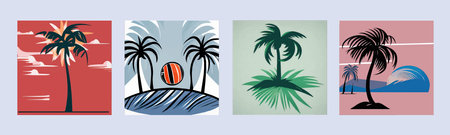 Summer beach landscape ball and sea with palm tree, Summer vector illustration, beautiful cartoon sea beach in summer season Coconut tree. Beach volleyball concept.のイラスト素材