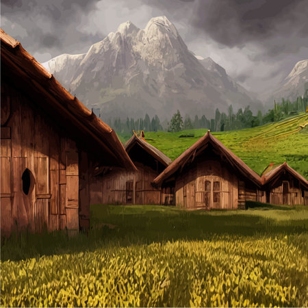 Landscape houses in nature against backdrop mountains, green meadows and trees. Vector illustrations rural architecture, huts surrounded by forests, Drawings for poster, background or coverのイラスト素材