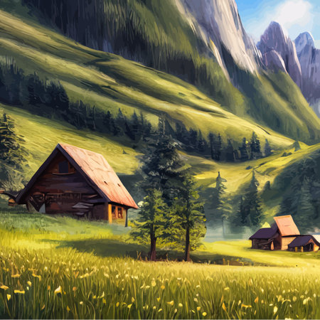 Hut on green meadow in front Rocky Mountains. House in countryside natural clean air. Modern cartoon vector illustration. For posters and wallpaper designのイラスト素材