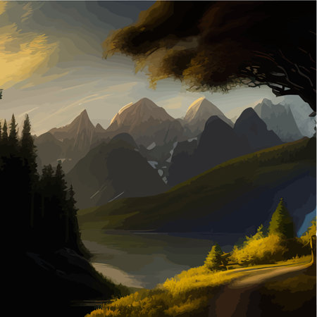 Landscape with blue misty mountains, beautiful forest and river against backdrop of sunrise. Wildlife vector illustration for posters and wallpapers, mysterious morning natureのイラスト素材