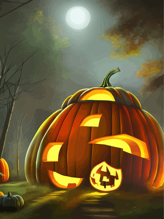 Illustration carved pumpkins in field with forest and flying bats in background autumn holiday vector illustrationのイラスト素材