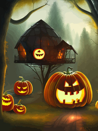 Illustration carved pumpkins in field with forest and flying bats in background autumn holiday vector illustrationのイラスト素材