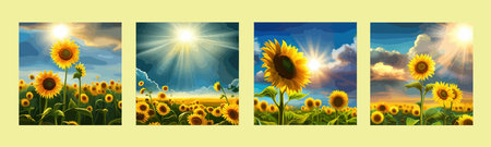 Banner set Field sunflowers on bright summer day, gloomy blue sky with clouds, vector illustrationのイラスト素材