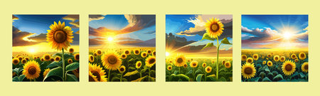 Banner set Field sunflowers on bright summer day, gloomy blue sky with clouds, vector illustrationのイラスト素材
