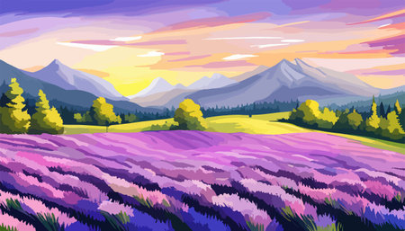 Wallpaper beautiful lavender field landscape against backdrop mountains and sunset sky, vector illustration.のイラスト素材