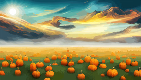 Fantasy autumn rural landscape with big pumpkins on a grass field. Beautiful autumn sunset sky. Vector illustrationのイラスト素材