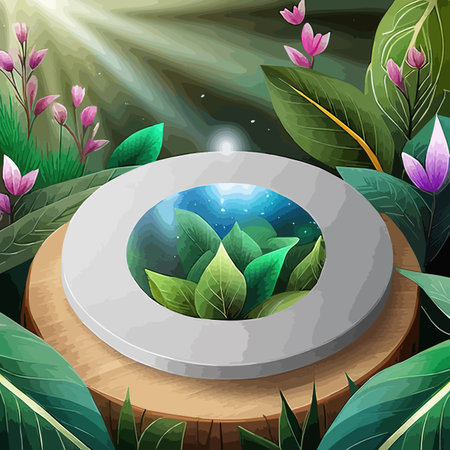 Scene with geometric forms. Cylinder green podium in green background with leaves. Product presentation, mock up, show cosmetic product, Podium, stage pedestal or platform. Vector illustrationのイラスト素材