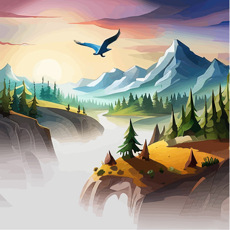 Bright day, blue sky, clouds, mountains, rocks, green hills, woods, river, watercolor landscape vector illustrationのイラスト素材
