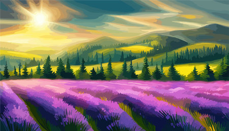 Wallpaper beautiful lavender field landscape against backdrop mountains and sunset sky, vector illustration.のイラスト素材