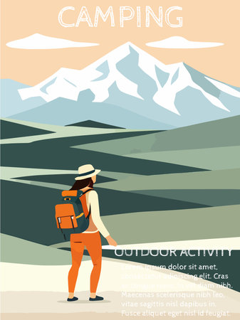 Tourist traveling in mountains looking in distance on ranges and pine tree forests. Woman resting on weekends or vacations. Hiking and trekking hobby. Vector illustration in flat styleのイラスト素材