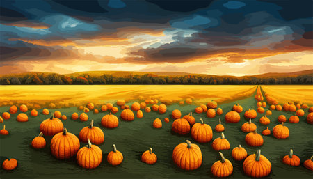 Field with ripe pumpkins on background clouds sky. Pumpkin harvest. Harvest celebration. Thanksgiving Day. Vector illustration.のイラスト素材