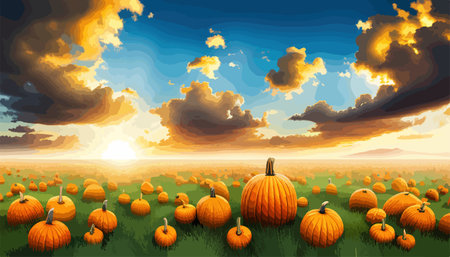 Field with ripe pumpkins on background clouds sky. Pumpkin harvest. Harvest celebration. Thanksgiving Day. Vector illustration.のイラスト素材