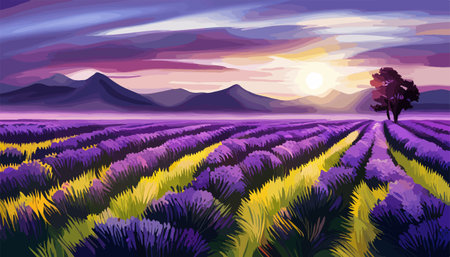 Wallpaper beautiful lavender field landscape against backdrop mountains and sunset sky, vector illustration.のイラスト素材