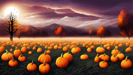 Fantasy autumn rural landscape with big pumpkins on a grass field. Beautiful autumn sunset sky. Vector illustrationのイラスト素材