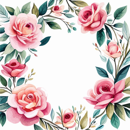 Round frame with floral elements. Spring background with roses and leaves painted by watercolor. Great for postcards, event invitations, weddings, greetings and text decoration vector illustrationのイラスト素材