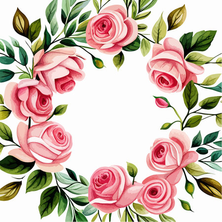 Spring Floral Wreath. Bouquet roses in circle floral frame. Watercolor vector illustration on white backgroundのイラスト素材