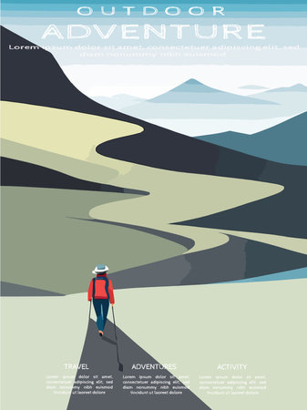 Tourist traveling in mountains looking in distance on ranges and pine tree forests. Woman resting on weekends or vacations. Hiking and trekking hobby. Vector illustration in flat styleのイラスト素材