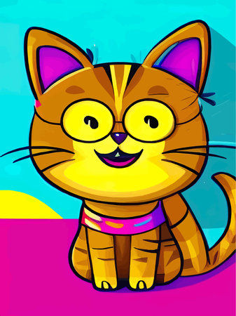 Vector illustration of a funny kitten sitting smiling on a cartoon colored backgroundのイラスト素材