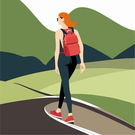 Tourist traveling in mountains looking in distance on ranges and pine tree forests. Woman resting on weekends or vacations. Hiking and trekking hobby. Vector illustration in flat styleのイラスト素材