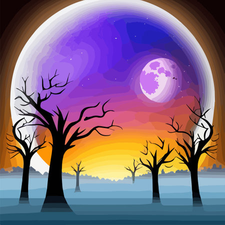 Purple halloween party circle silhouette of trees on full moon background greeting vector illustrationのイラスト素材