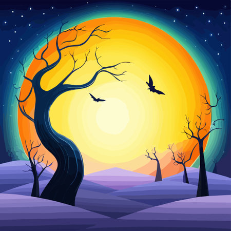 Happy Halloween background. Vector illustration with moon, tree silhouette and circleのイラスト素材
