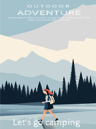 Tourist traveling in mountains looking in distance on ranges and pine tree forests. Woman resting on weekends or vacations. Hiking and trekking hobby. Vector illustration in flat styleのイラスト素材