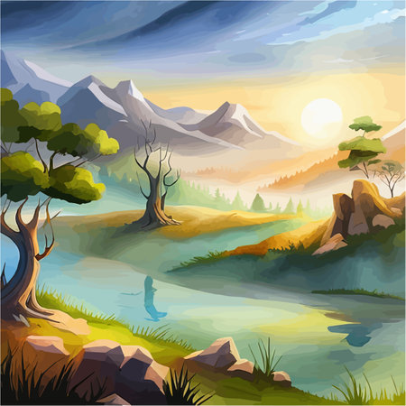 Bright day, blue sky, clouds, mountains, rocks, green hills, woods, river, watercolor landscape vector illustrationのイラスト素材