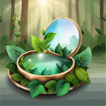 Scene with geometric forms. Cylinder green podium in green background with leaves. Product presentation, mock up, show cosmetic product, Podium, stage pedestal or platform. Vector illustrationのイラスト素材