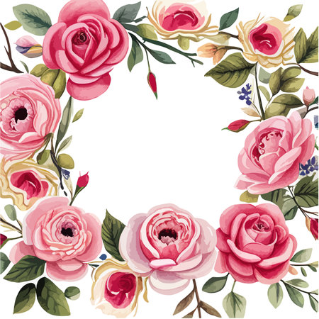Round frame with floral elements. Spring background with roses and leaves painted by watercolor. Great for postcards, event invitations, weddings, greetings and text decoration vector illustrationのイラスト素材