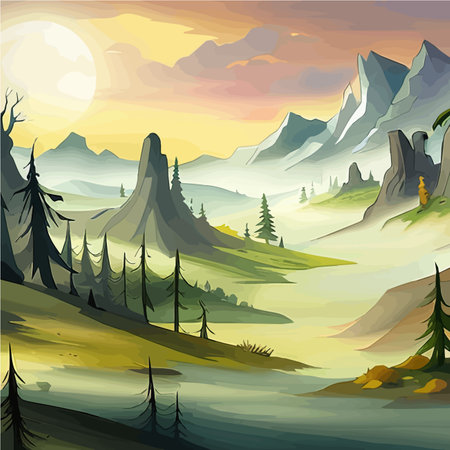 River in forest with mountain watercolor painting, wildlife vector illustrationのイラスト素材