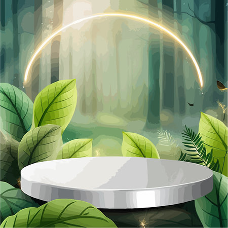 Flat stone podium in magical forest illustration, empty round stand background, natural stage for cosmetic product display minimal design, vector illustrationのイラスト素材