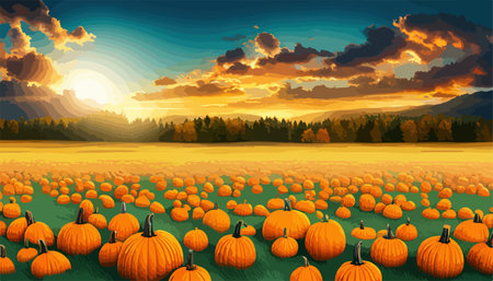 Field with ripe pumpkins on background clouds sky. Pumpkin harvest. Harvest celebration. Thanksgiving Day. Vector illustration.のイラスト素材