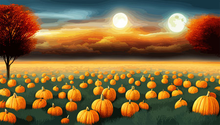 Field with ripe pumpkins on background clouds sky. Pumpkin harvest. Harvest celebration. Thanksgiving Day. Vector illustration.のイラスト素材