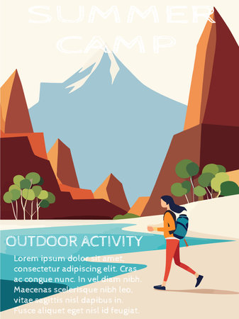 Woman against backdrop mountain looking. Travel concept discovering, exploring, observing nature. Hiking tourism. Adventure. Vector landscape illustration. Minimalist flat design.のイラスト素材