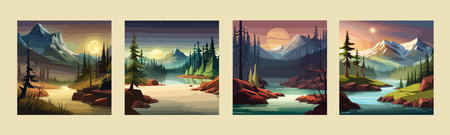 Banner set Epic landscape forest water, river sunset against backdrop mountains. Vector Illustration.のイラスト素材