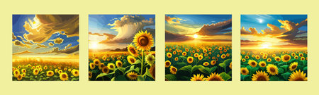 Banner set Field sunflowers on bright summer day, gloomy blue sky with clouds, vector illustrationのイラスト素材