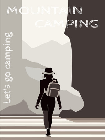 Woman against backdrop mountain looking. Travel concept discovering, exploring, observing nature. Hiking tourism. Adventure. Vector landscape illustration. Minimalist flat design.のイラスト素材